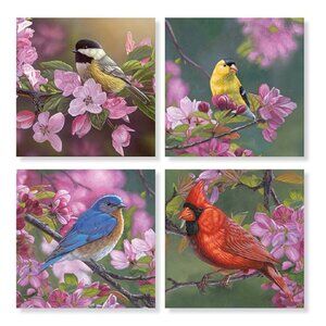 Set Of 4 Mixed Birds Floral Stone Cork Back Coasters NW​